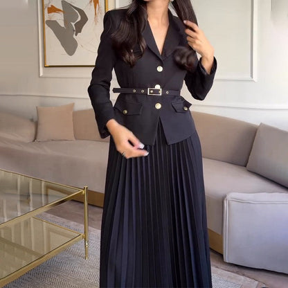 🎄✨Weihnachts-Specials 49% RABATT🎄Zweiteiliges Set aus Reversblazer und Faltenrock für Damen 👗(mit Gürtel)