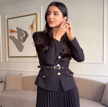 🎄✨Weihnachts-Specials 49% RABATT🎄Zweiteiliges Set aus Reversblazer und Faltenrock für Damen 👗(mit Gürtel)