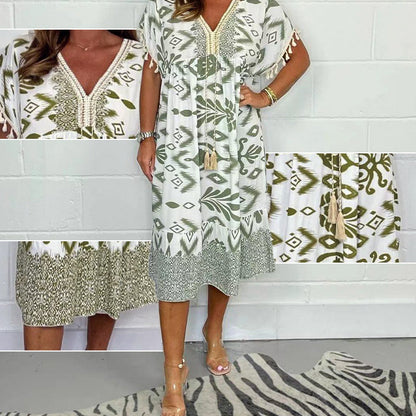 🌞Summer Hot Sale-50% Rabatt✨Bedrucktes Freizeitkleid mit V-Ausschnitt und Fransen an den kurzen Ärmeln