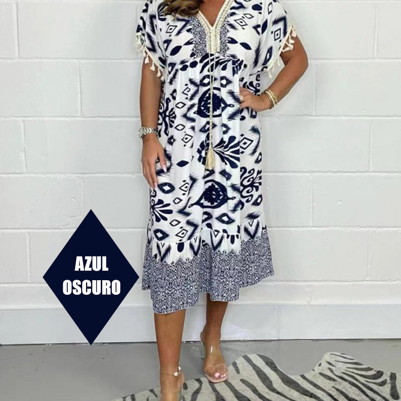 🌞Summer Hot Sale-50% Rabatt✨Bedrucktes Freizeitkleid mit V-Ausschnitt und Fransen an den kurzen Ärmeln