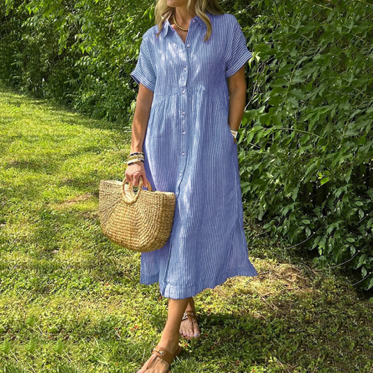 Streifen-Blusenkleid mit V-Ausschnitt – Stilsicher für Beruf und Alltag