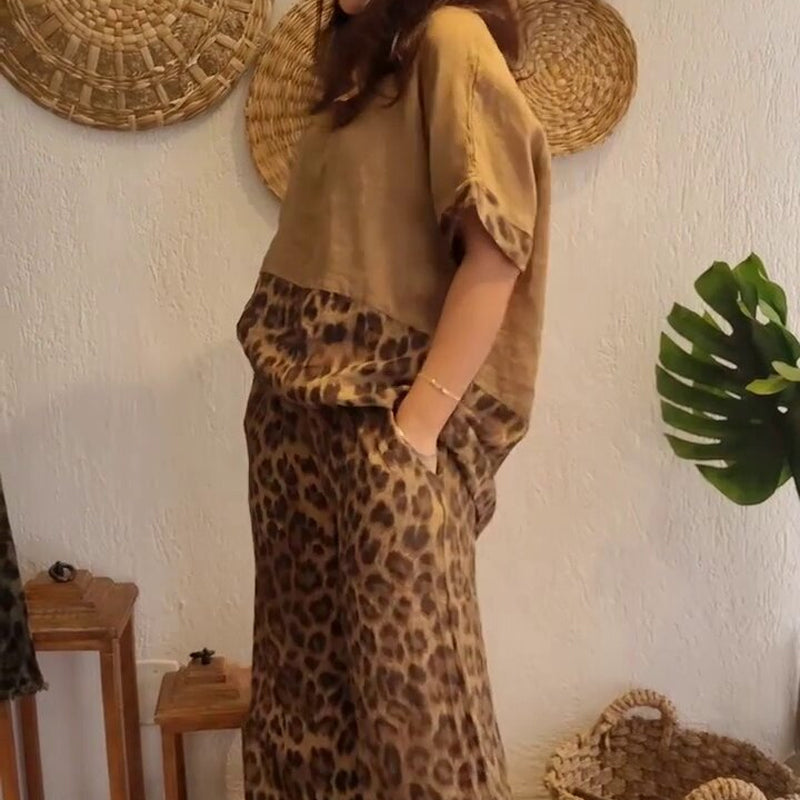 Stilvolles zweiteiliges Set mit kurzärmligem Patchwork-Oberteil und Hose mit weitem Bein