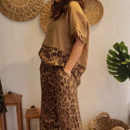 Stilvolles zweiteiliges Set mit kurzärmligem Patchwork-Oberteil und Hose mit weitem Bein