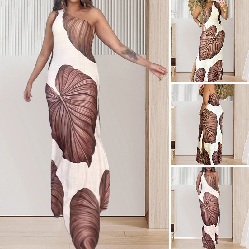 🔥 Begränsad tid 50% rabatt!🔥Schlankes One-Shoulder-Maxikleid mit Palmenmuster