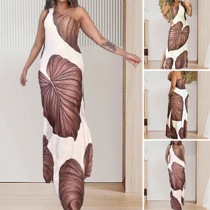 🔥 Begränsad tid 50% rabatt!🔥Schlankes One-Shoulder-Maxikleid mit Palmenmuster