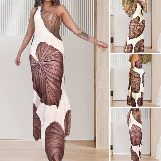 🔥 Begränsad tid 50% rabatt!🔥Schlankes One-Shoulder-Maxikleid mit Palmenmuster