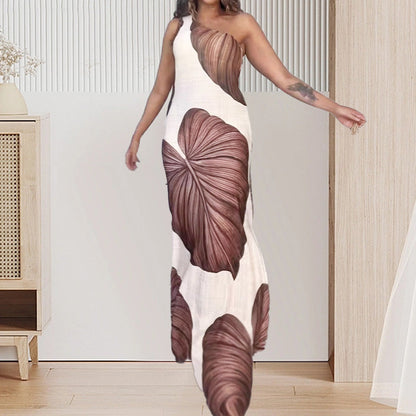 🔥 Begränsad tid 50% rabatt!🔥Schlankes One-Shoulder-Maxikleid mit Palmenmuster