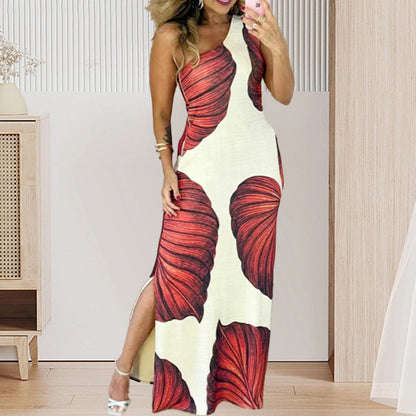 🔥 Begränsad tid 50% rabatt!🔥Schlankes One-Shoulder-Maxikleid mit Palmenmuster
