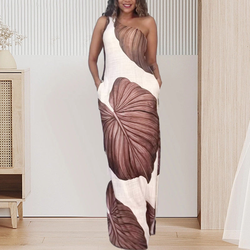 🔥 Begränsad tid 50% rabatt!🔥Schlankes One-Shoulder-Maxikleid mit Palmenmuster
