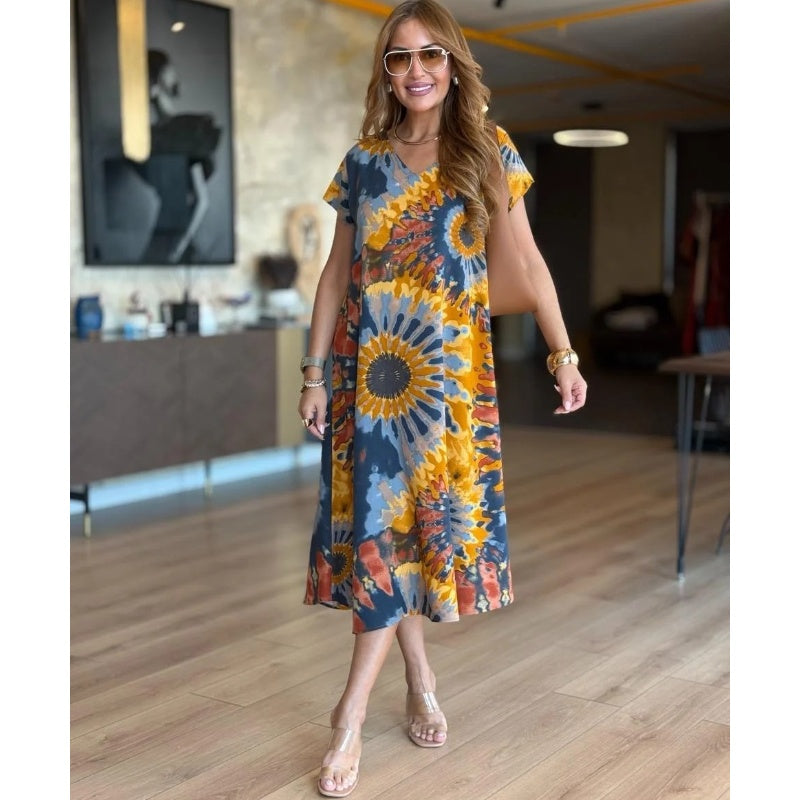 Lässiges Damen-Maxikleid mit V-Ausschnitt und Druck