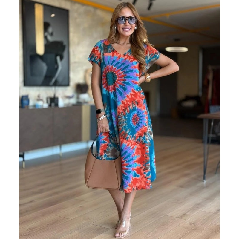 Lässiges Damen-Maxikleid mit V-Ausschnitt und Druck