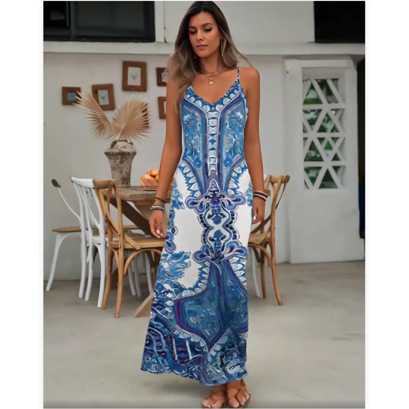 👗Ärmelloses Maxikleid mit V-Ausschnitt und Retro-Print für Damen