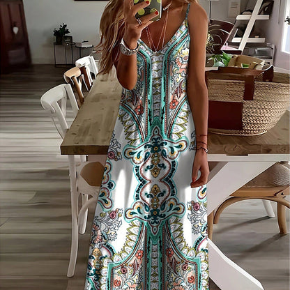 👗Ärmelloses Maxikleid mit V-Ausschnitt und Retro-Print für Damen