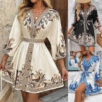 💖Bedrucktes Kleid mit V-Ausschnitt und Bindeband für Damen👗