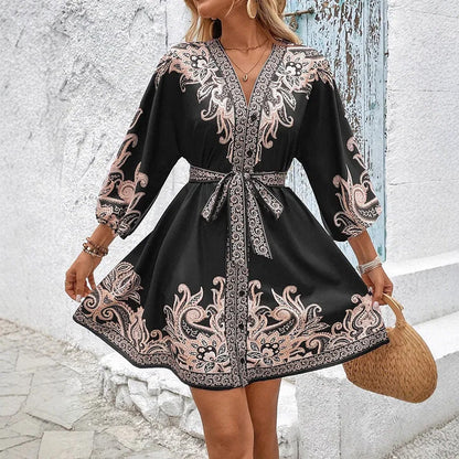 💖Bedrucktes Kleid mit V-Ausschnitt und Bindeband für Damen👗