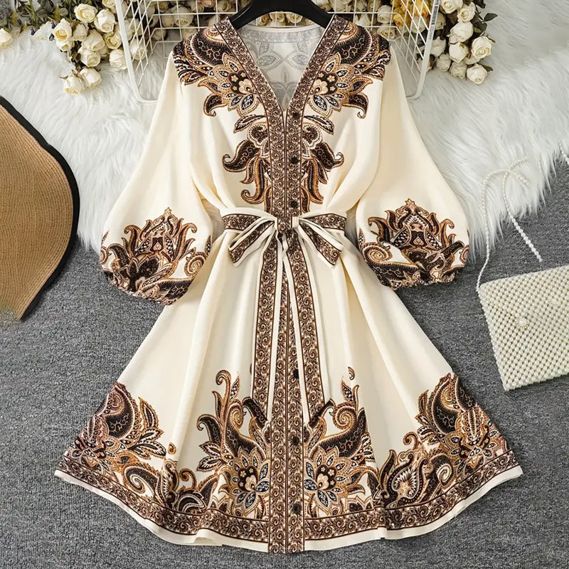 💖Bedrucktes Kleid mit V-Ausschnitt und Bindeband für Damen👗