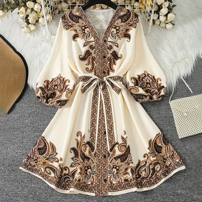 💖Bedrucktes Kleid mit V-Ausschnitt und Bindeband für Damen👗