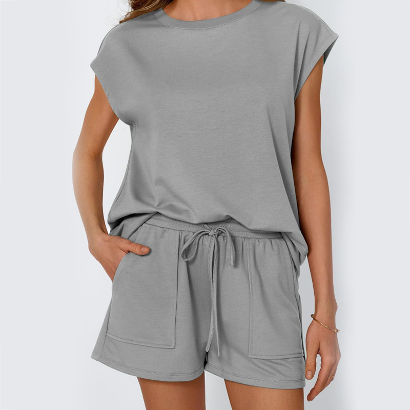 💙Zeitlich begrenztes Angebot von 50 % - Zweiteiliges Set aus Damen-Top mit Rundhalsausschnitt und Shorts