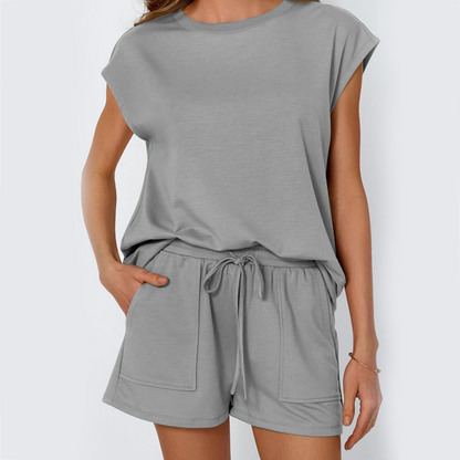 💙Zeitlich begrenztes Angebot von 50 % - Zweiteiliges Set aus Damen-Top mit Rundhalsausschnitt und Shorts