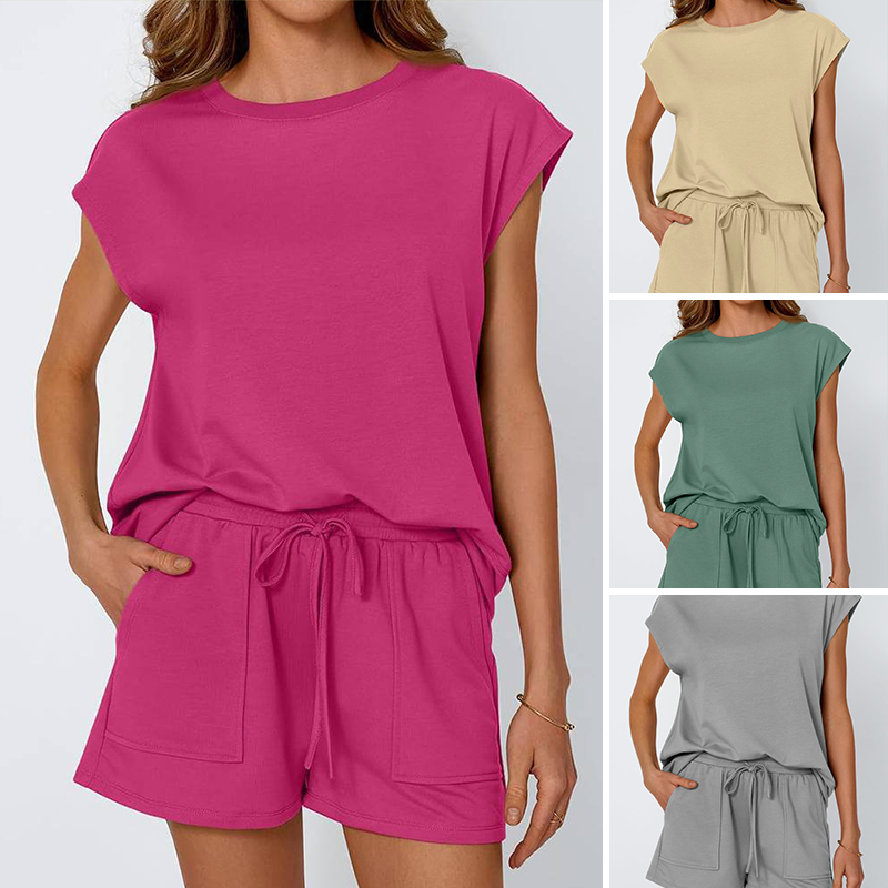💙Zeitlich begrenztes Angebot von 50 % - Zweiteiliges Set aus Damen-Top mit Rundhalsausschnitt und Shorts