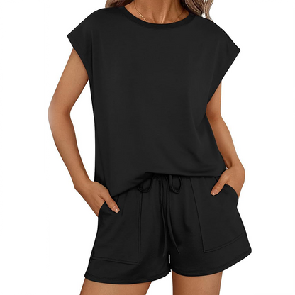 💙Zeitlich begrenztes Angebot von 50 % - Zweiteiliges Set aus Damen-Top mit Rundhalsausschnitt und Shorts
