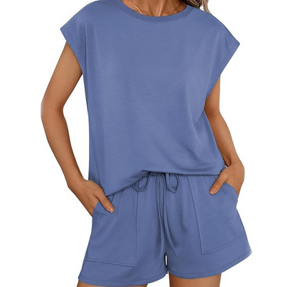💙Zeitlich begrenztes Angebot von 50 % - Zweiteiliges Set aus Damen-Top mit Rundhalsausschnitt und Shorts