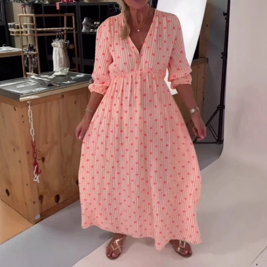 💖Limited Time 50% Off-V Neck Heart Printed Stripe Short Sleeve Dress