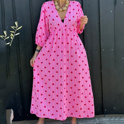 💖Limited Time 50% Off-V Neck Heart Printed Stripe Short Sleeve Dress