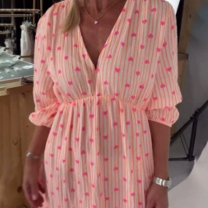 💖Limited Time 50% Off-V Neck Heart Printed Stripe Short Sleeve Dress