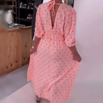 💖Limited Time 50% Off-V Neck Heart Printed Stripe Short Sleeve Dress