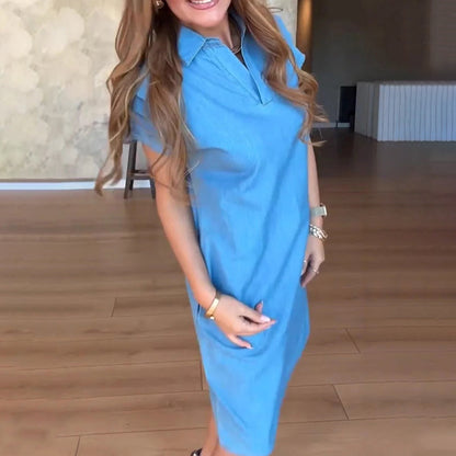 💜 Begrenzte Zeit -50% - Kurzärmeliges Damen-Jeanskleid mit V-Ausschnitt